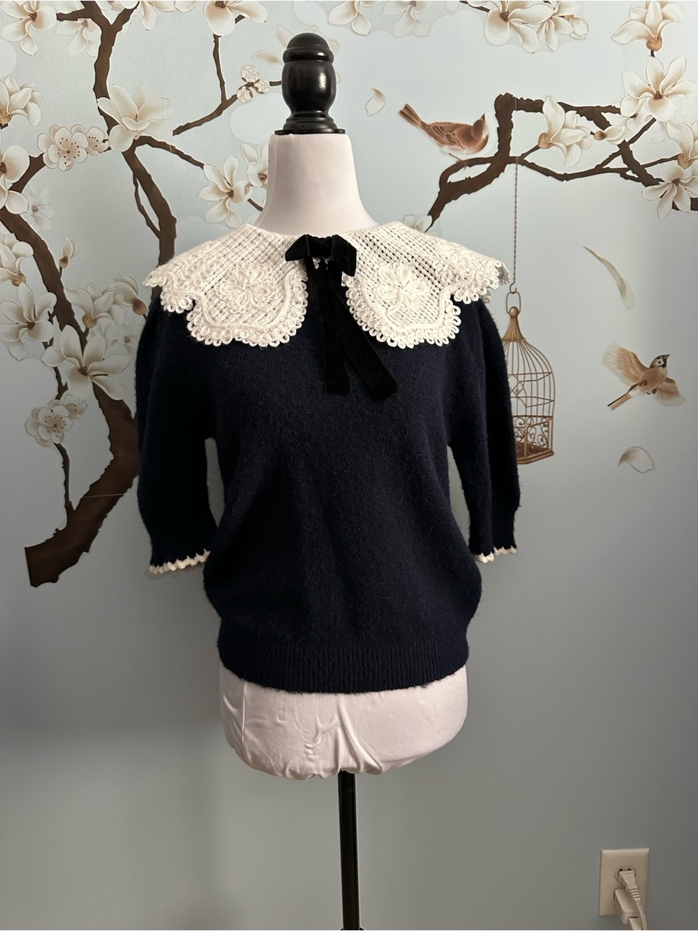 Zara Navy Top with Cream Lace Peter Pan Collar and Black Velvet Bow